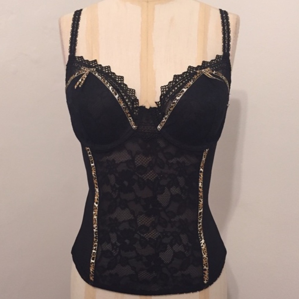 Victoria’s Secret Very Sexy Black Lace Corset Leopard Trim | S | NWT